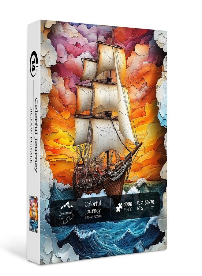 PICKFORU Sailboat 1000 Piece Puzzle for Adults, Colorful Sunset Sea Jigsaw Puzzles Boat, Gradient Ocean Stone Carving Theme Puzzle - Image 2